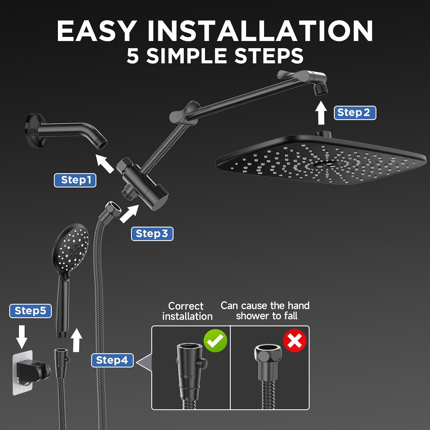 ComfortCraze: Wide Rain Shower Head with 6 Modes Handheld Water Spray，High Pressure Showerhead Combo with Arm for Bathroom Accessories，Home Decor Adjustable Dual Shower with Anti-Clog Nozzles,Silver Chrome