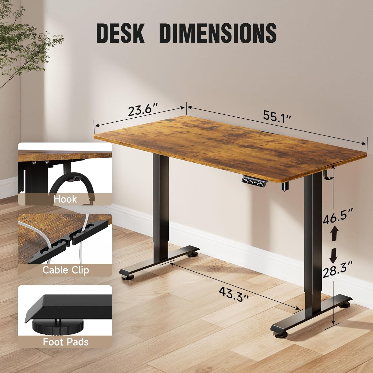 ComfortCraze:  47.2" Standing Desk Electric, Height Adjustable Sit Stand Up, Wood Desktop, Work Home Office, Computer PC Table, Writing Rising Desks, Brown