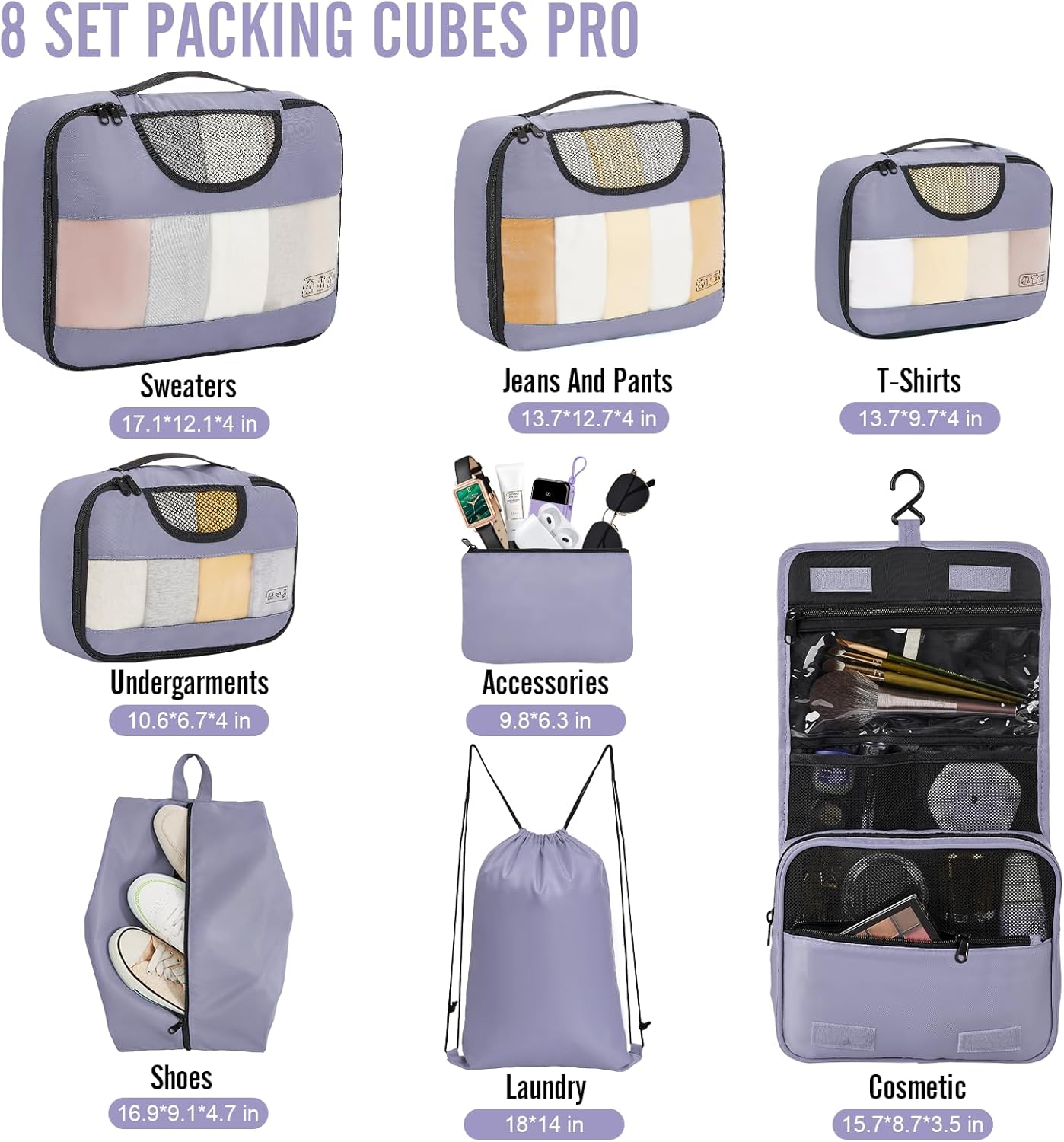 ComfortCraze:  8 Set Packing Cubes for Travel Essentials, Suitcase Organizer Bags Set for Luggage, Road Trip Travel Accessories in 4 Sizes (Extra Large, Large, Medium, Small)