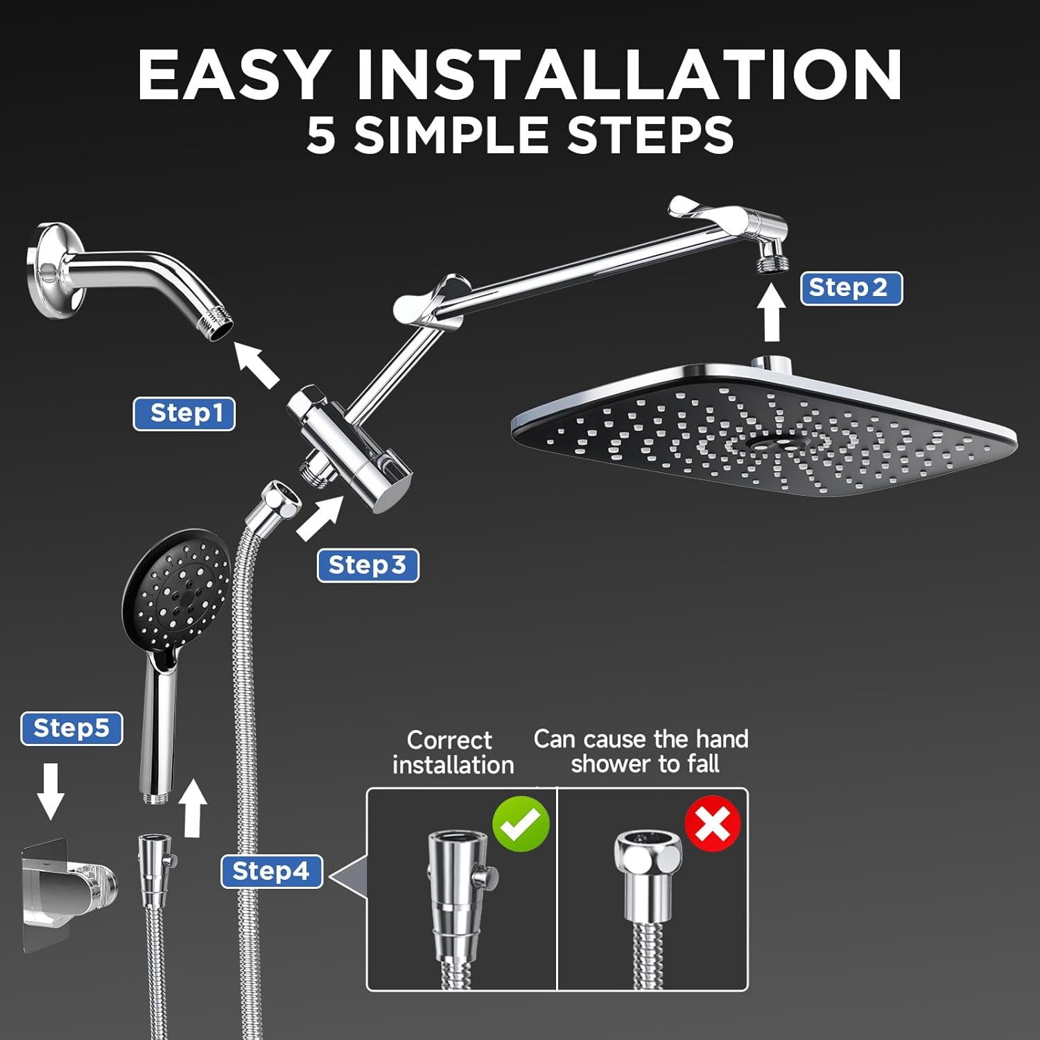 ComfortCraze: Wide Rain Shower Head with 6 Modes Handheld Water Spray，High Pressure Showerhead Combo with Arm for Bathroom Accessories，Home Decor Adjustable Dual Shower with Anti-Clog Nozzles,Silver Chrome
