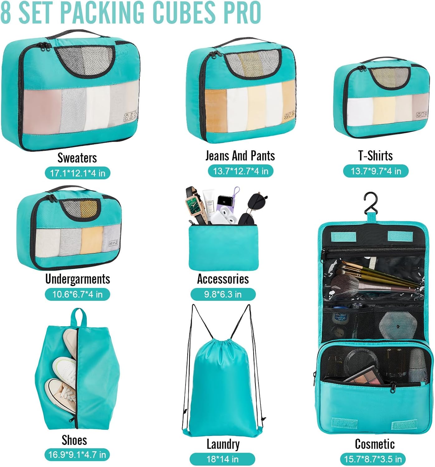 ComfortCraze:  8 Set Packing Cubes for Travel Essentials, Suitcase Organizer Bags Set for Luggage, Road Trip Travel Accessories in 4 Sizes (Extra Large, Large, Medium, Small)