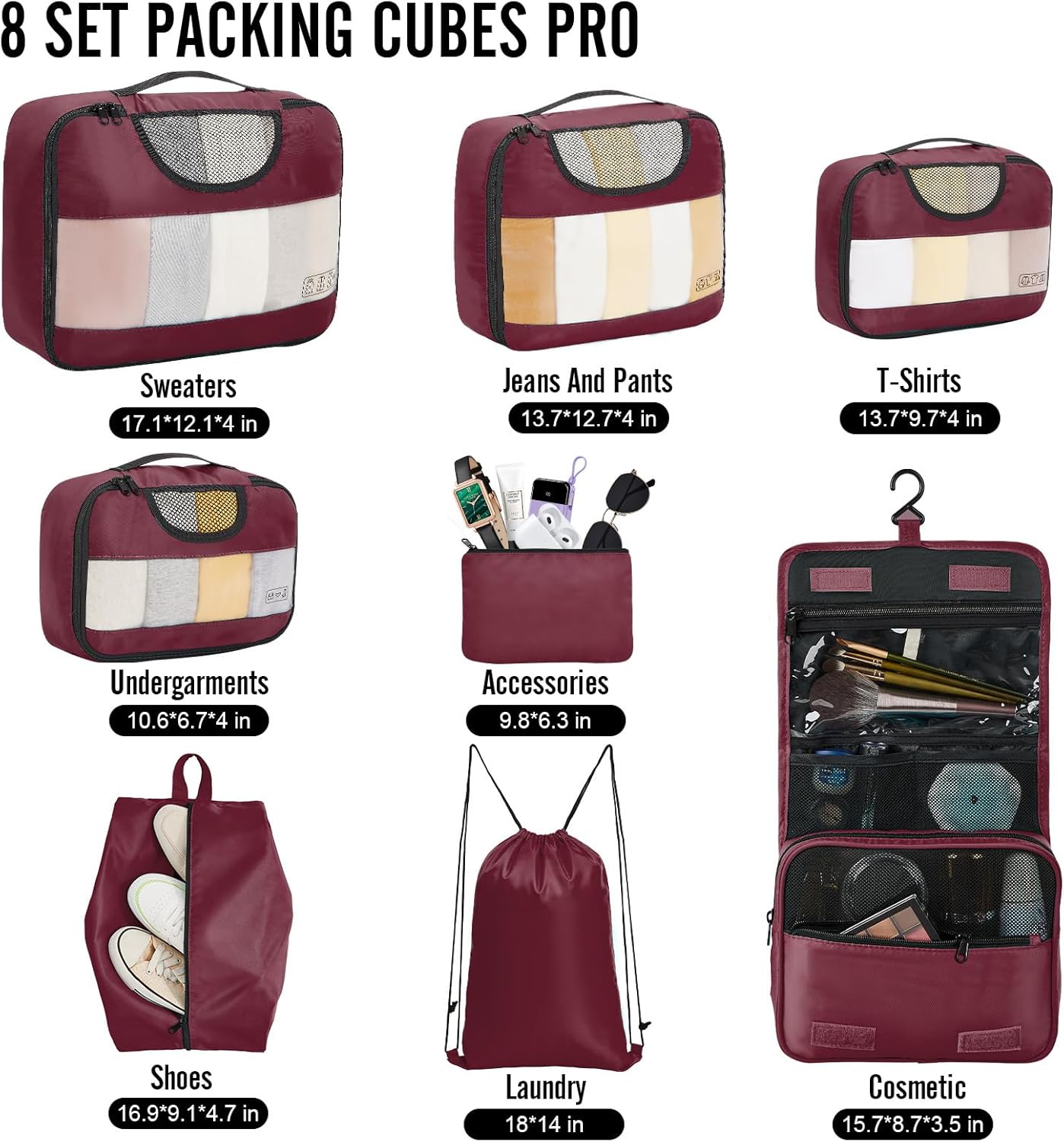 ComfortCraze:  8 Set Packing Cubes for Travel Essentials, Suitcase Organizer Bags Set for Luggage, Road Trip Travel Accessories in 4 Sizes (Extra Large, Large, Medium, Small)