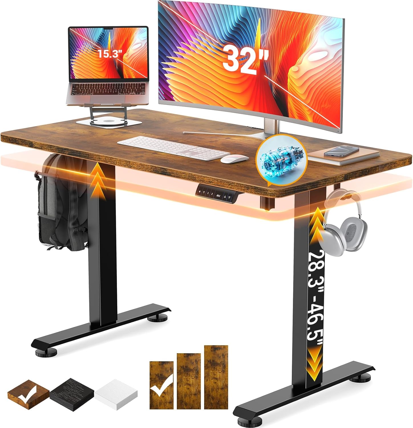 ComfortCraze:  47.2" Standing Desk Electric, Height Adjustable Sit Stand Up, Wood Desktop, Work Home Office, Computer PC Table, Writing Rising Desks, Brown