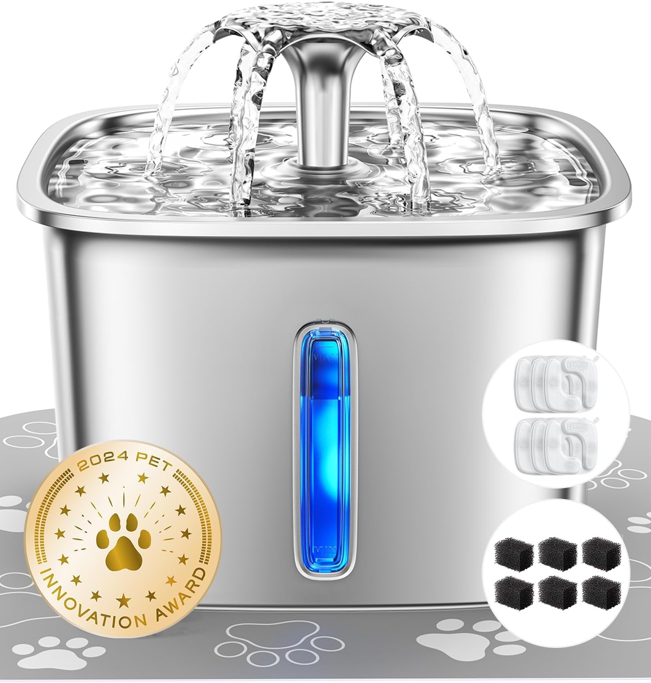 ComfortCraze: Innovation Award Winner Stainless Steel Cat Water Fountain, 95oz/2.8L Automatic Pet Fountain Dog Water Dispenser with Replacement Filters & Silicone Mat for Cats, Dogs (Space Black)
