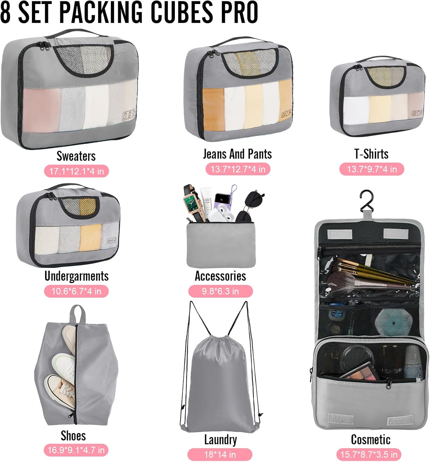 ComfortCraze:  8 Set Packing Cubes for Travel Essentials, Suitcase Organizer Bags Set for Luggage, Road Trip Travel Accessories in 4 Sizes (Extra Large, Large, Medium, Small)