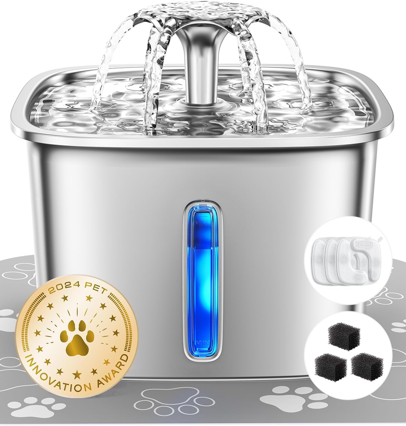 ComfortCraze: Innovation Award Winner Stainless Steel Cat Water Fountain, 95oz/2.8L Automatic Pet Fountain Dog Water Dispenser with Replacement Filters & Silicone Mat for Cats, Dogs (Space Black)