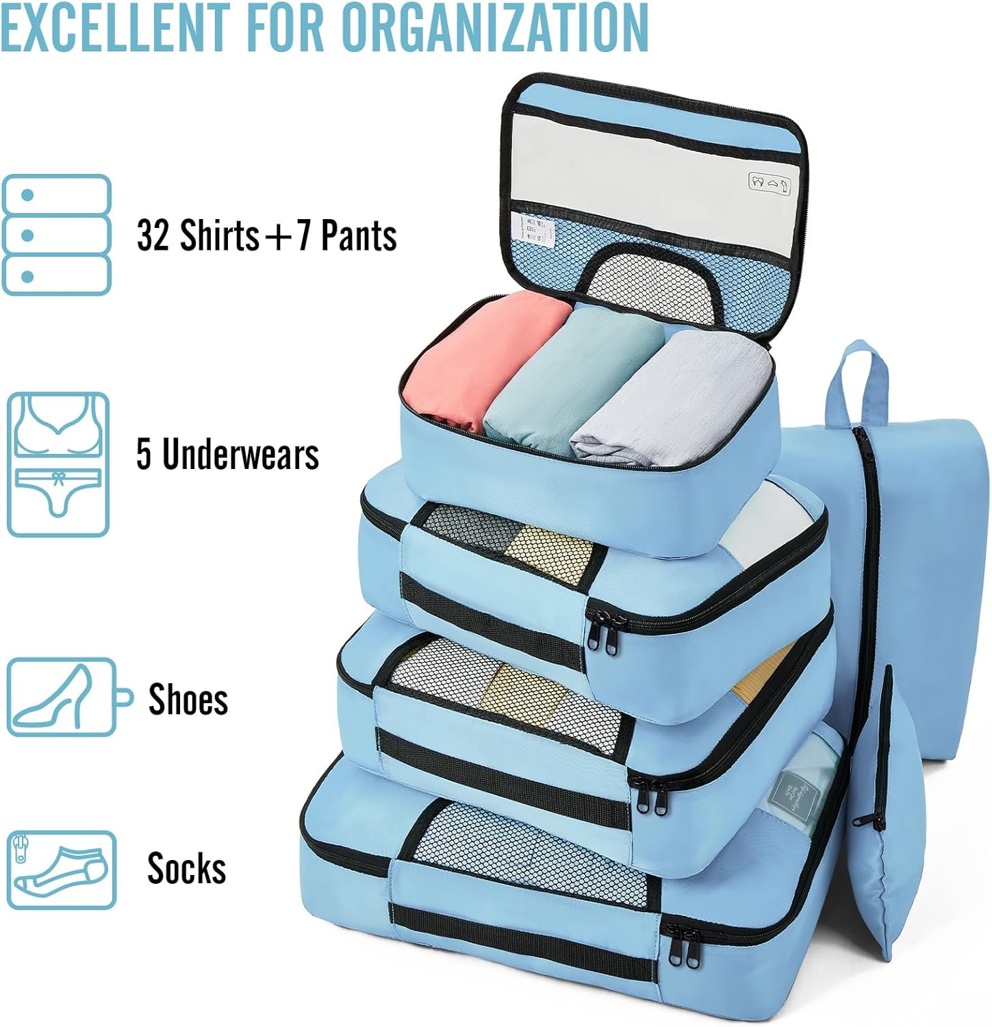 ComfortCraze:  8 Set Packing Cubes for Travel Essentials, Suitcase Organizer Bags Set for Luggage, Road Trip Travel Accessories in 4 Sizes (Extra Large, Large, Medium, Small)