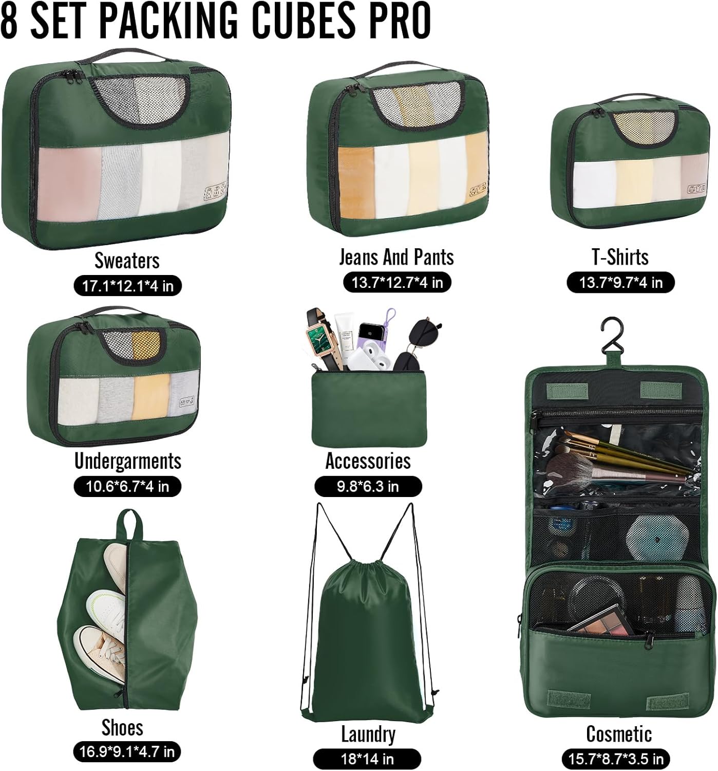 ComfortCraze:  8 Set Packing Cubes for Travel Essentials, Suitcase Organizer Bags Set for Luggage, Road Trip Travel Accessories in 4 Sizes (Extra Large, Large, Medium, Small)