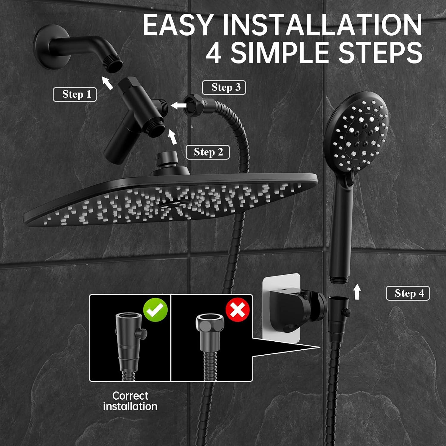 ComfortCraze: 11.8 Inch Rain Shower Head with Handheld- High Pressure Dual Shower Heads with 5 Modes Handheld Spray Combo- Wide Rainfall Showerhead with Hose, Bathroom Accessories, Matte Black