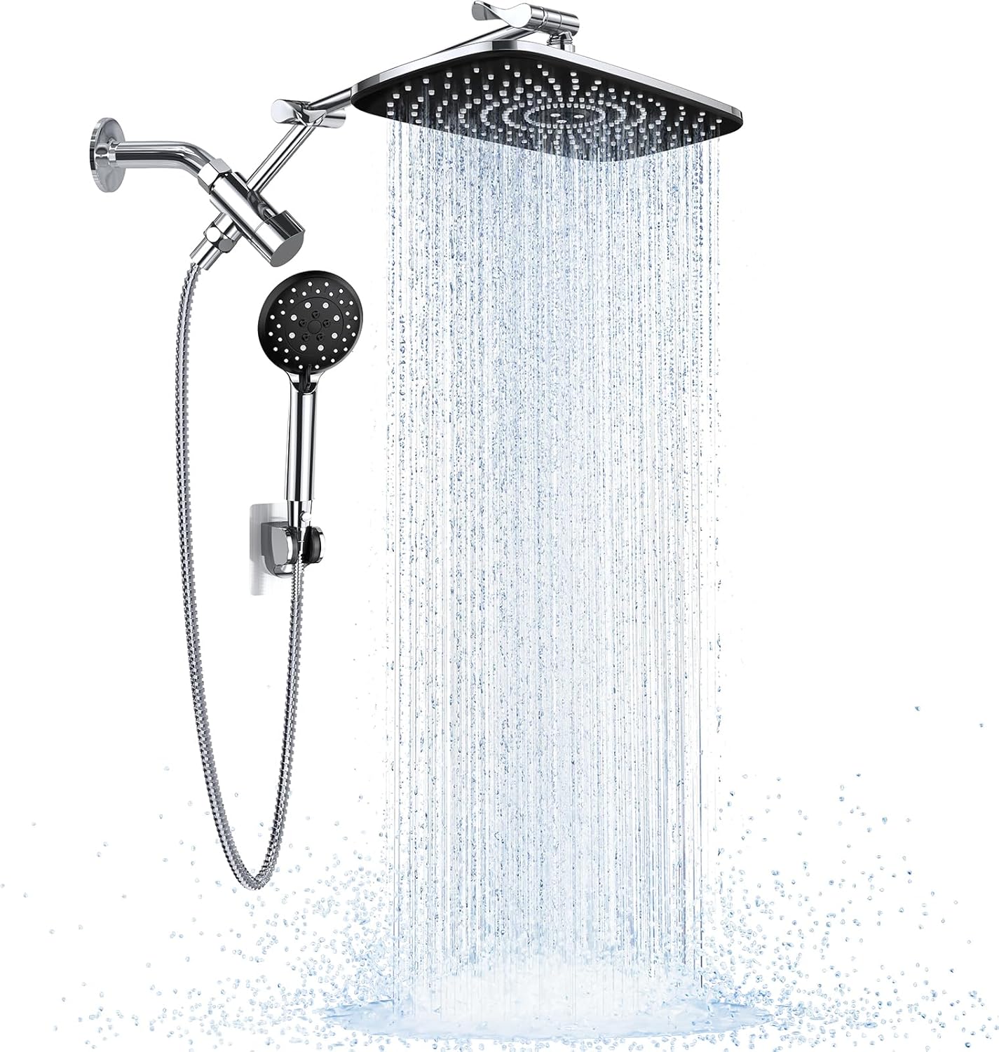 ComfortCraze: Wide Rain Shower Head with 6 Modes Handheld Water Spray，High Pressure Showerhead Combo with Arm for Bathroom Accessories，Home Decor Adjustable Dual Shower with Anti-Clog Nozzles,Silver Chrome