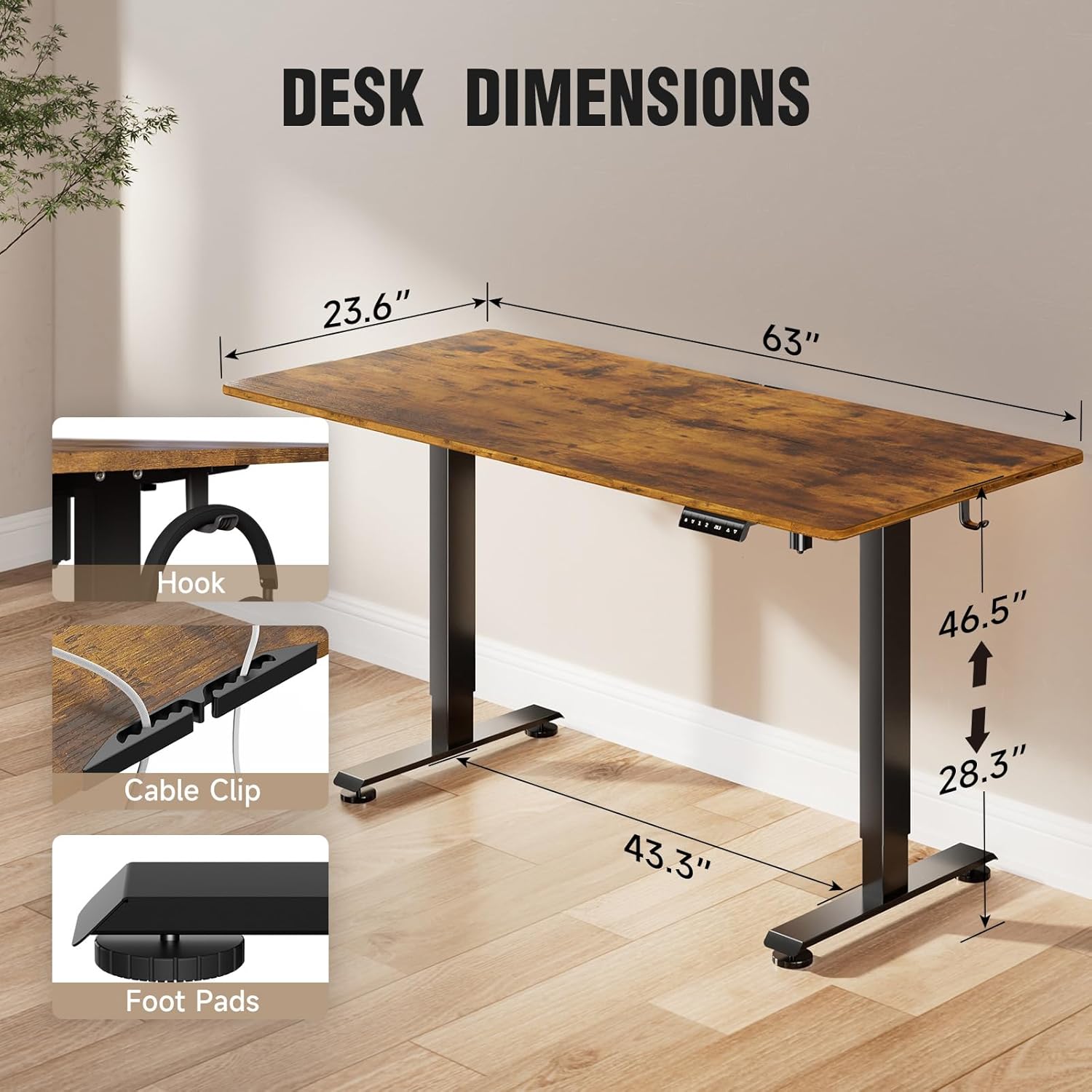 ComfortCraze:  47.2" Standing Desk Electric, Height Adjustable Sit Stand Up, Wood Desktop, Work Home Office, Computer PC Table, Writing Rising Desks, Brown