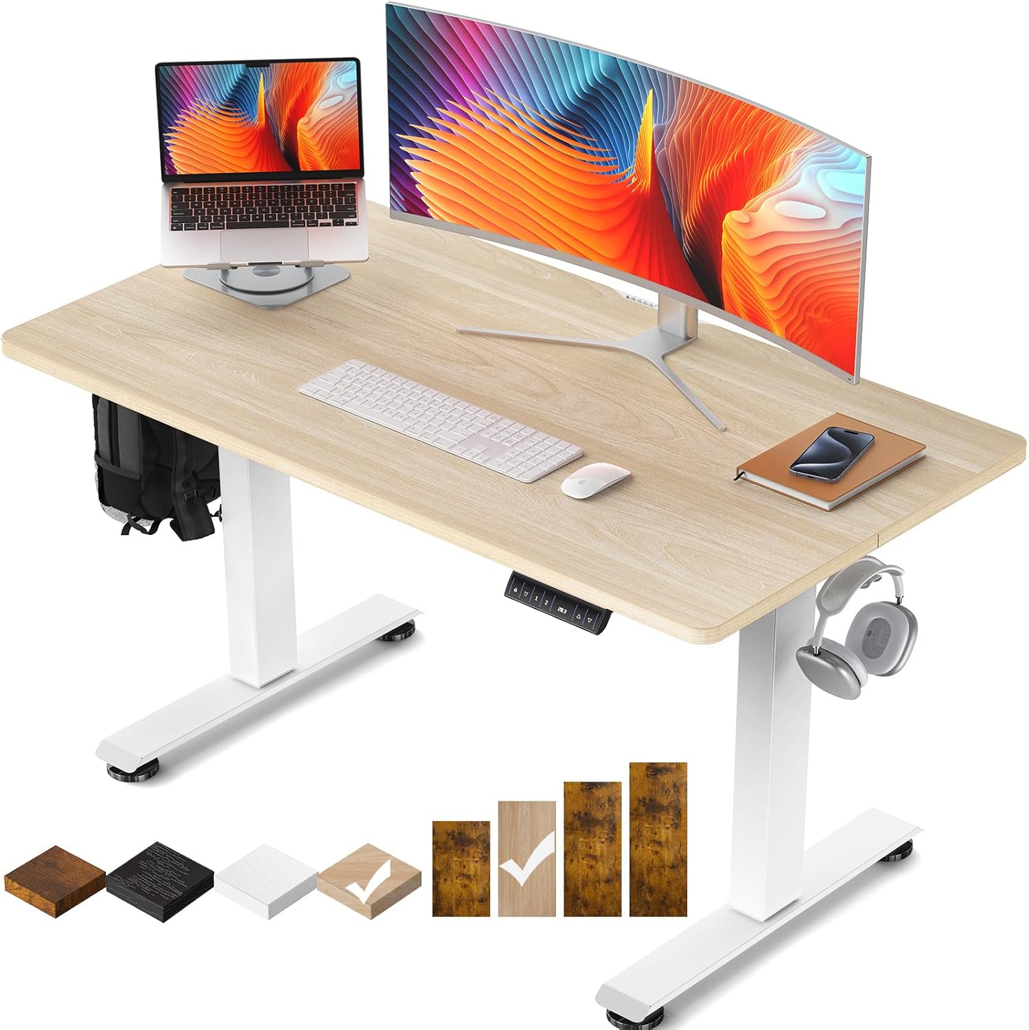 ComfortCraze:  47.2" Standing Desk Electric, Height Adjustable Sit Stand Up, Wood Desktop, Work Home Office, Computer PC Table, Writing Rising Desks, Brown
