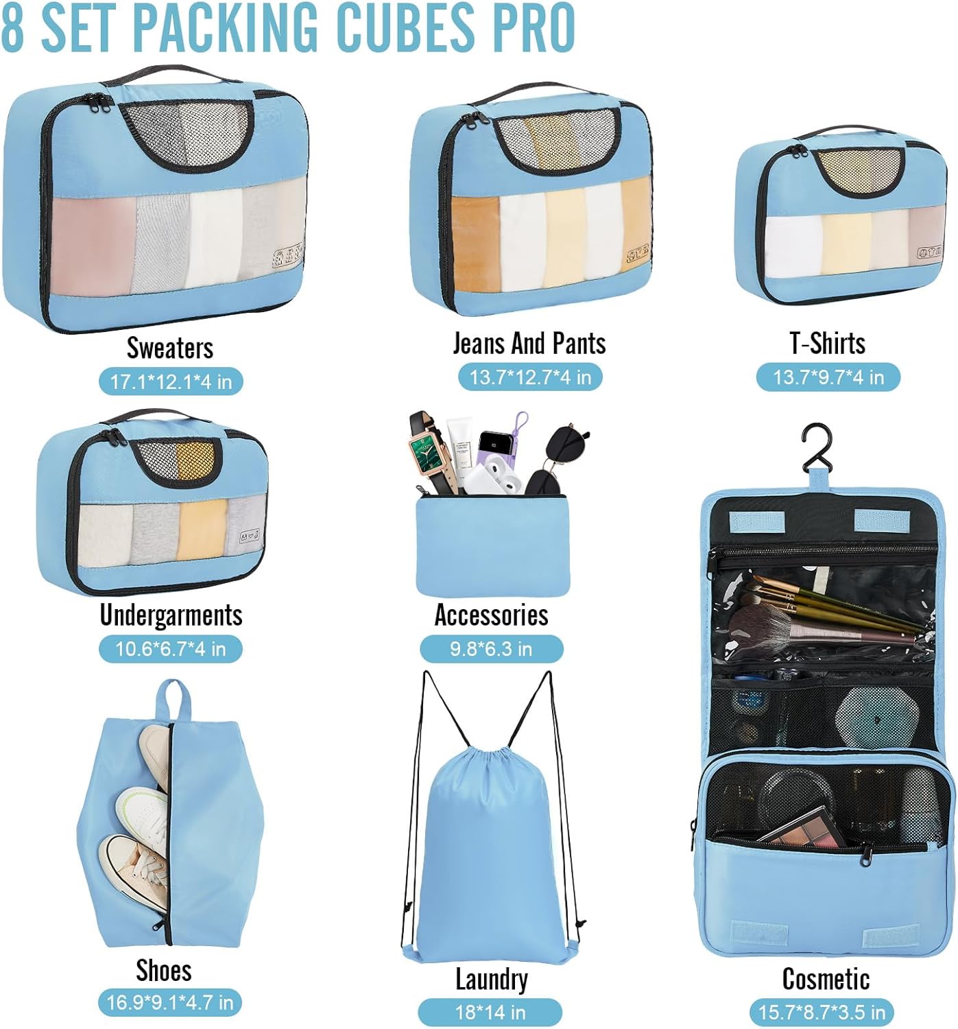 ComfortCraze:  8 Set Packing Cubes for Travel Essentials, Suitcase Organizer Bags Set for Luggage, Road Trip Travel Accessories in 4 Sizes (Extra Large, Large, Medium, Small)