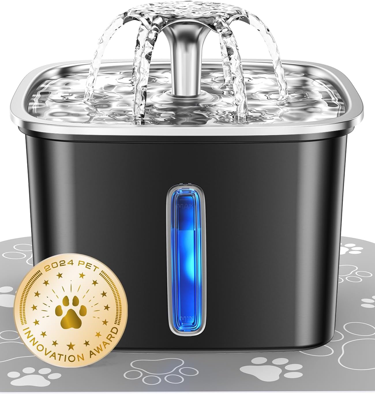 ComfortCraze: Innovation Award Winner Stainless Steel Cat Water Fountain, 95oz/2.8L Automatic Pet Fountain Dog Water Dispenser with Replacement Filters & Silicone Mat for Cats, Dogs (Space Black)