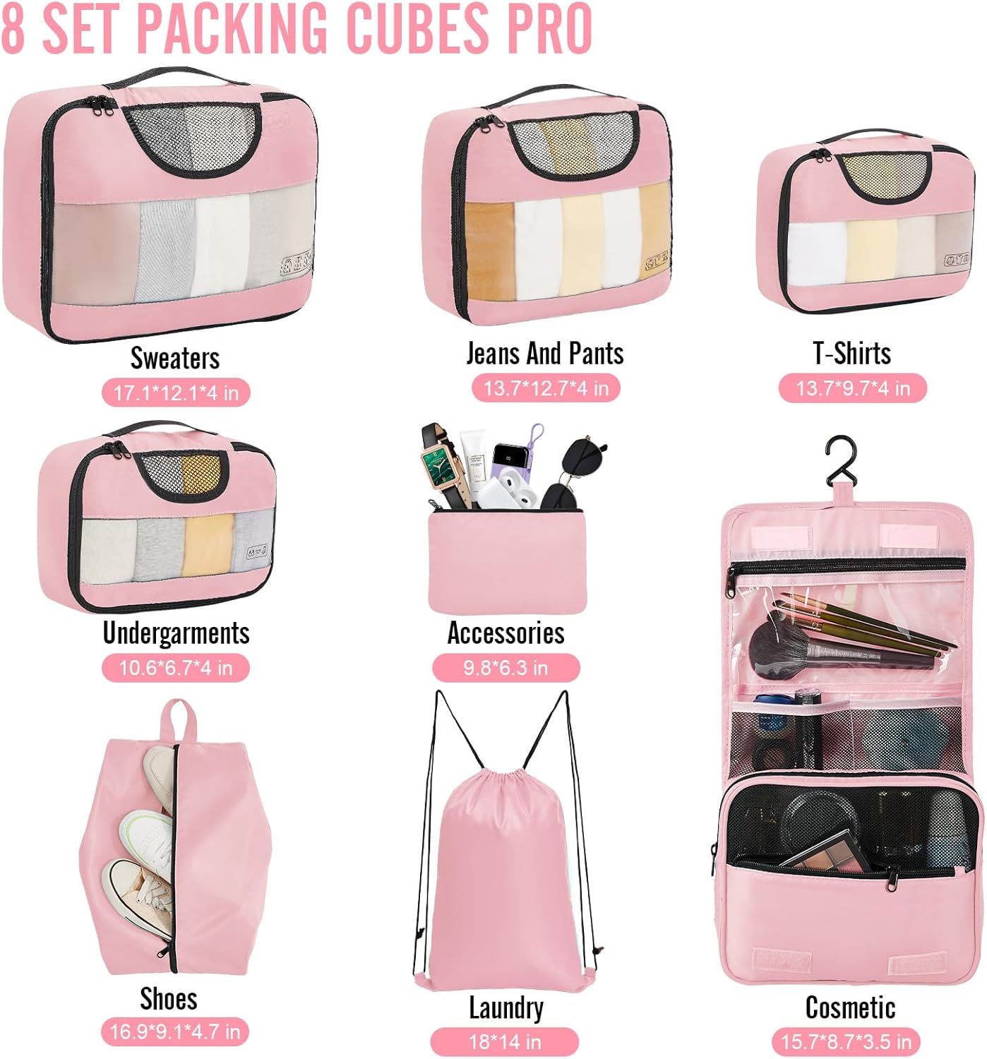 ComfortCraze:  8 Set Packing Cubes for Travel Essentials, Suitcase Organizer Bags Set for Luggage, Road Trip Travel Accessories in 4 Sizes (Extra Large, Large, Medium, Small)