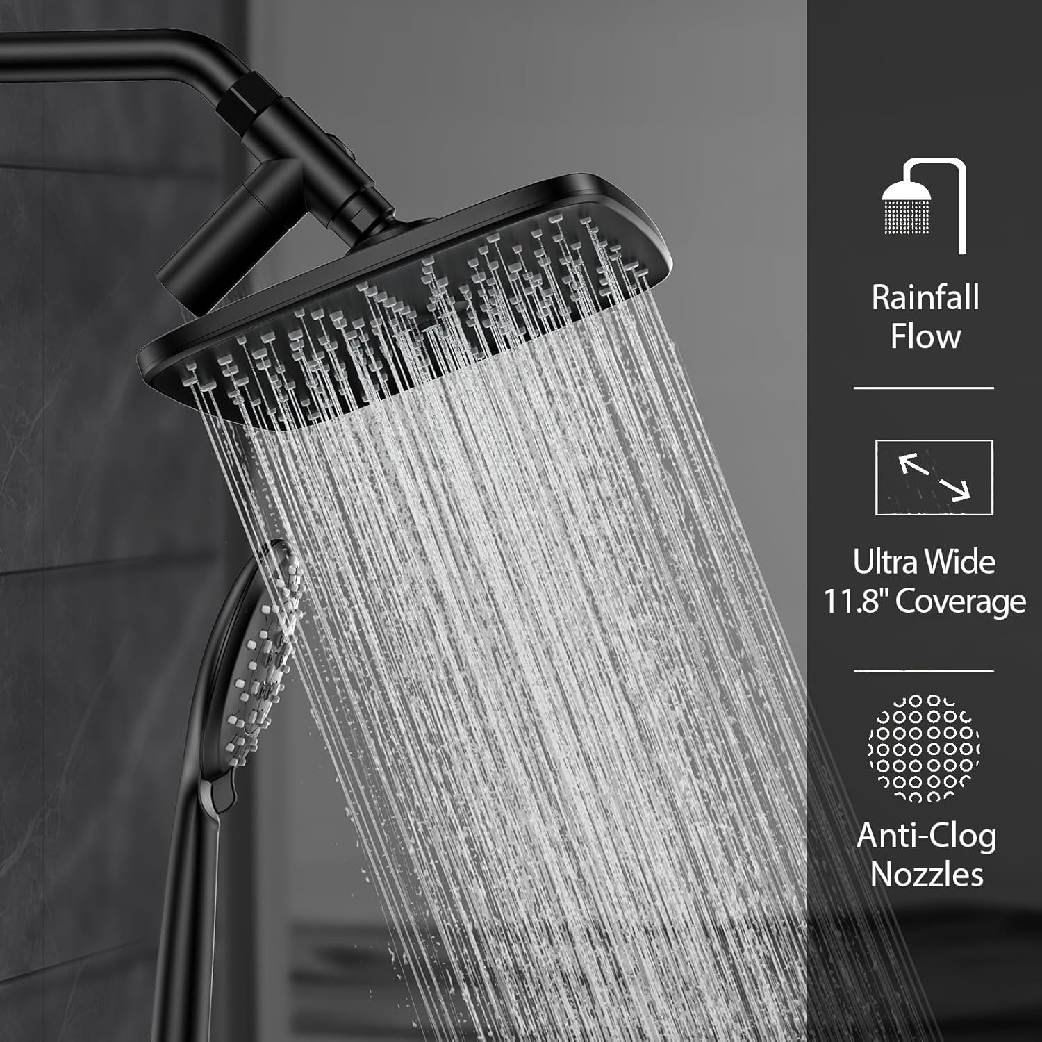 ComfortCraze: 11.8 Inch Rain Shower Head with Handheld- High Pressure Dual Shower Heads with 5 Modes Handheld Spray Combo- Wide Rainfall Showerhead with Hose, Bathroom Accessories, Matte Black