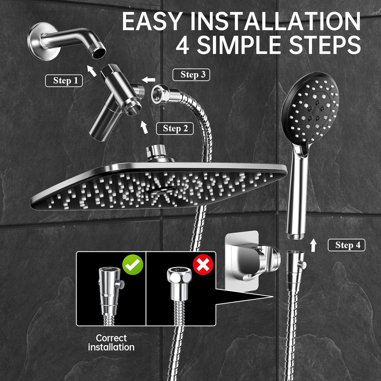 ComfortCraze: 11.8 Inch Rain Shower Head with Handheld- High Pressure Dual Shower Heads with 5 Modes Handheld Spray Combo- Wide Rainfall Showerhead with Hose, Bathroom Accessories, Matte Black