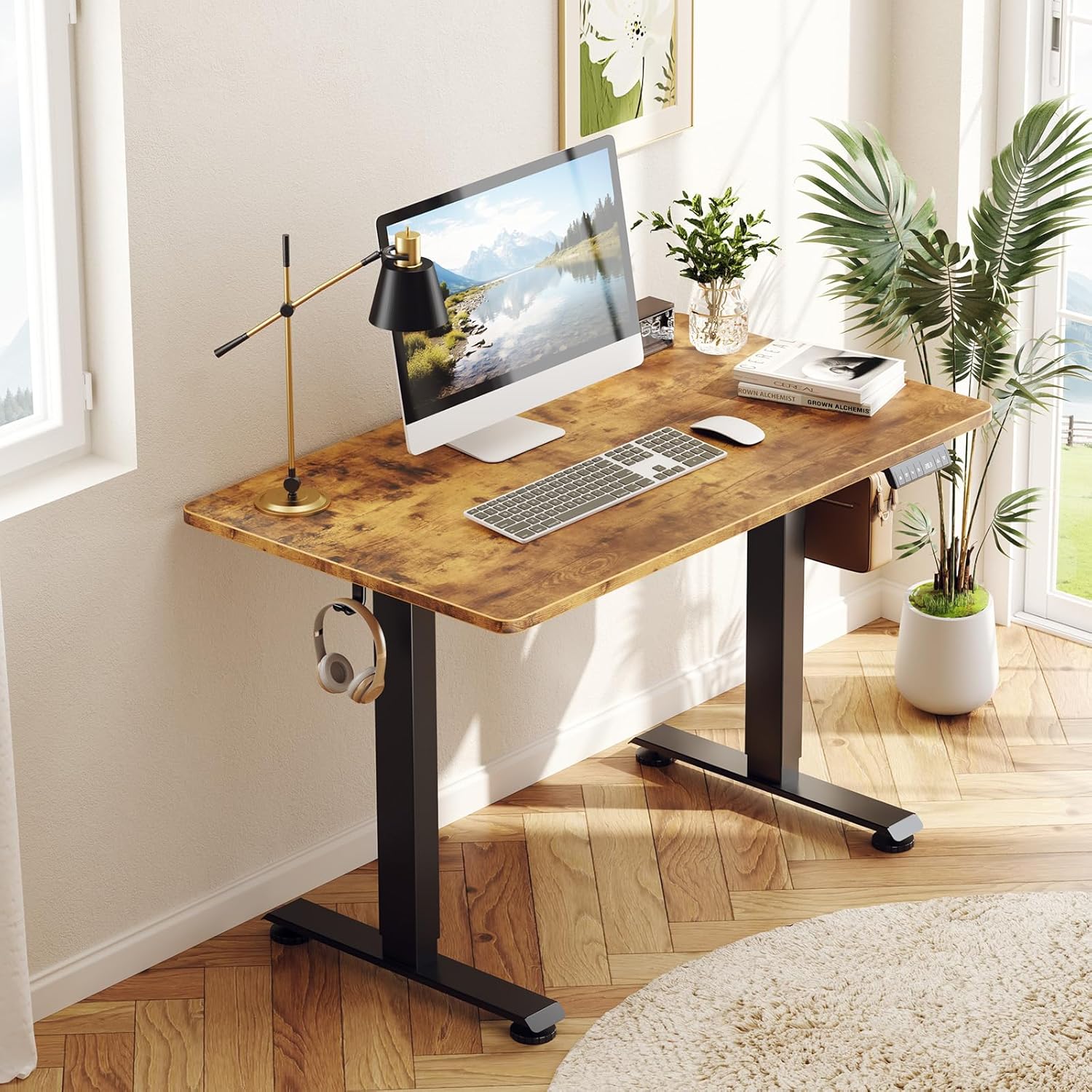 ComfortCraze:  47.2" Standing Desk Electric, Height Adjustable Sit Stand Up, Wood Desktop, Work Home Office, Computer PC Table, Writing Rising Desks, Brown