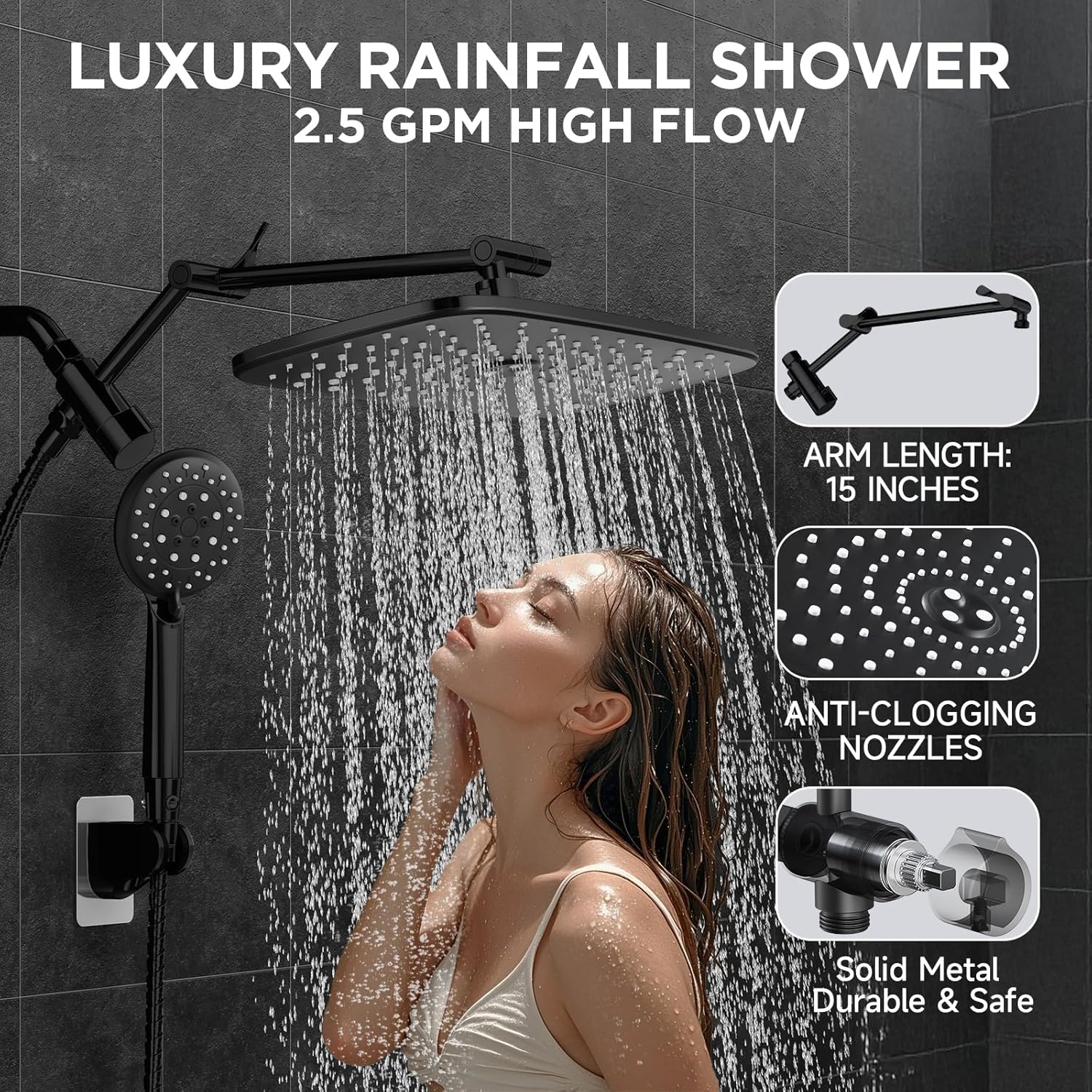 ComfortCraze: Wide Rain Shower Head with 6 Modes Handheld Water Spray，High Pressure Showerhead Combo with Arm for Bathroom Accessories，Home Decor Adjustable Dual Shower with Anti-Clog Nozzles,Silver Chrome