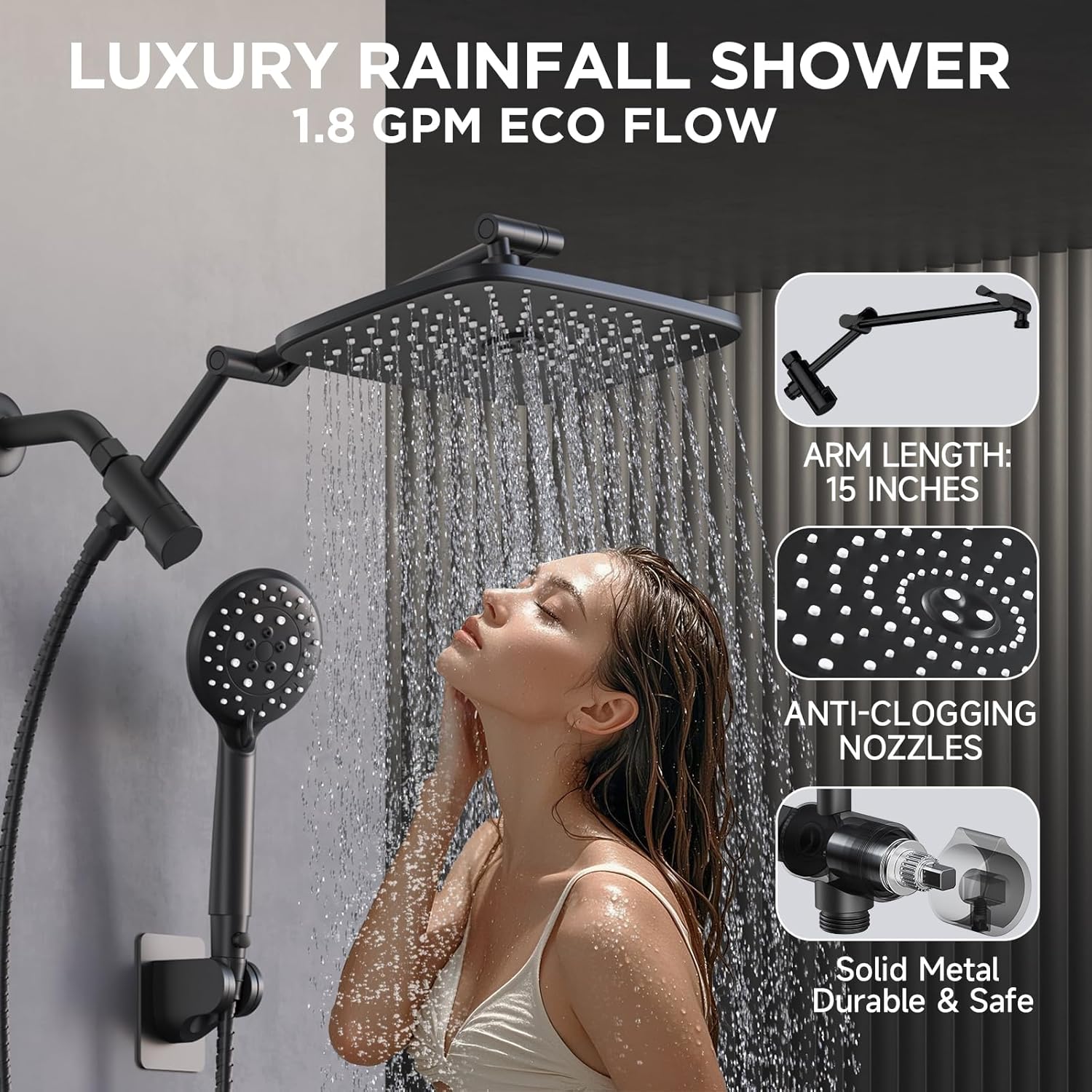 ComfortCraze: Wide Rain Shower Head with 6 Modes Handheld Water Spray，High Pressure Showerhead Combo with Arm for Bathroom Accessories，Home Decor Adjustable Dual Shower with Anti-Clog Nozzles,Silver Chrome
