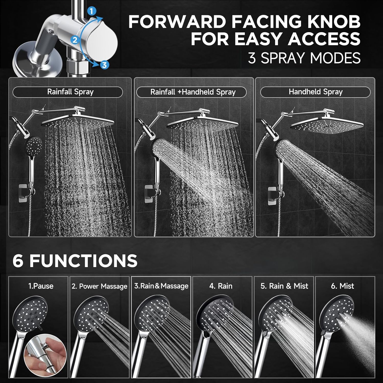 ComfortCraze: Wide Rain Shower Head with 6 Modes Handheld Water Spray，High Pressure Showerhead Combo with Arm for Bathroom Accessories，Home Decor Adjustable Dual Shower with Anti-Clog Nozzles,Silver Chrome