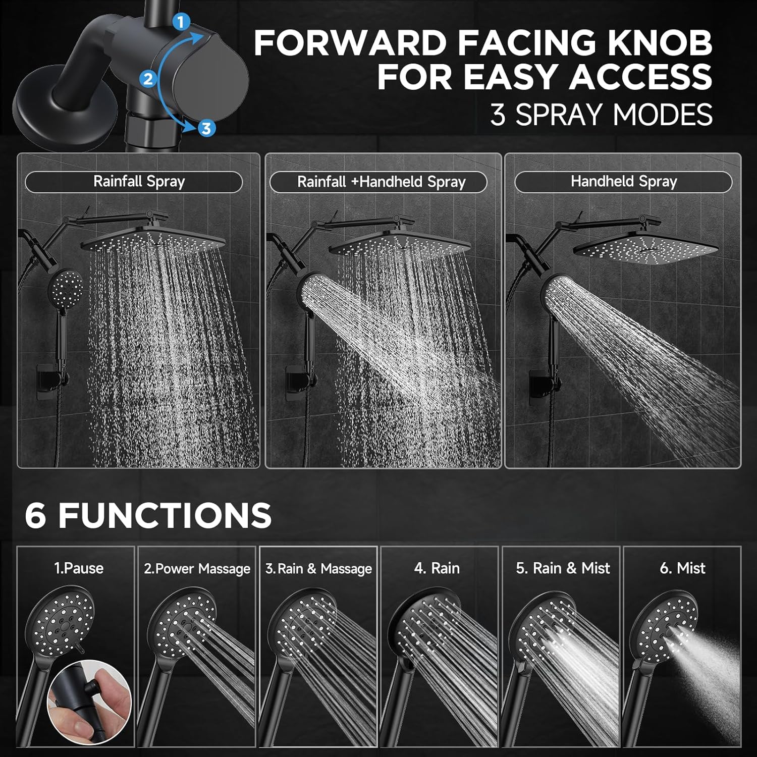 ComfortCraze: Wide Rain Shower Head with 6 Modes Handheld Water Spray，High Pressure Showerhead Combo with Arm for Bathroom Accessories，Home Decor Adjustable Dual Shower with Anti-Clog Nozzles,Silver Chrome