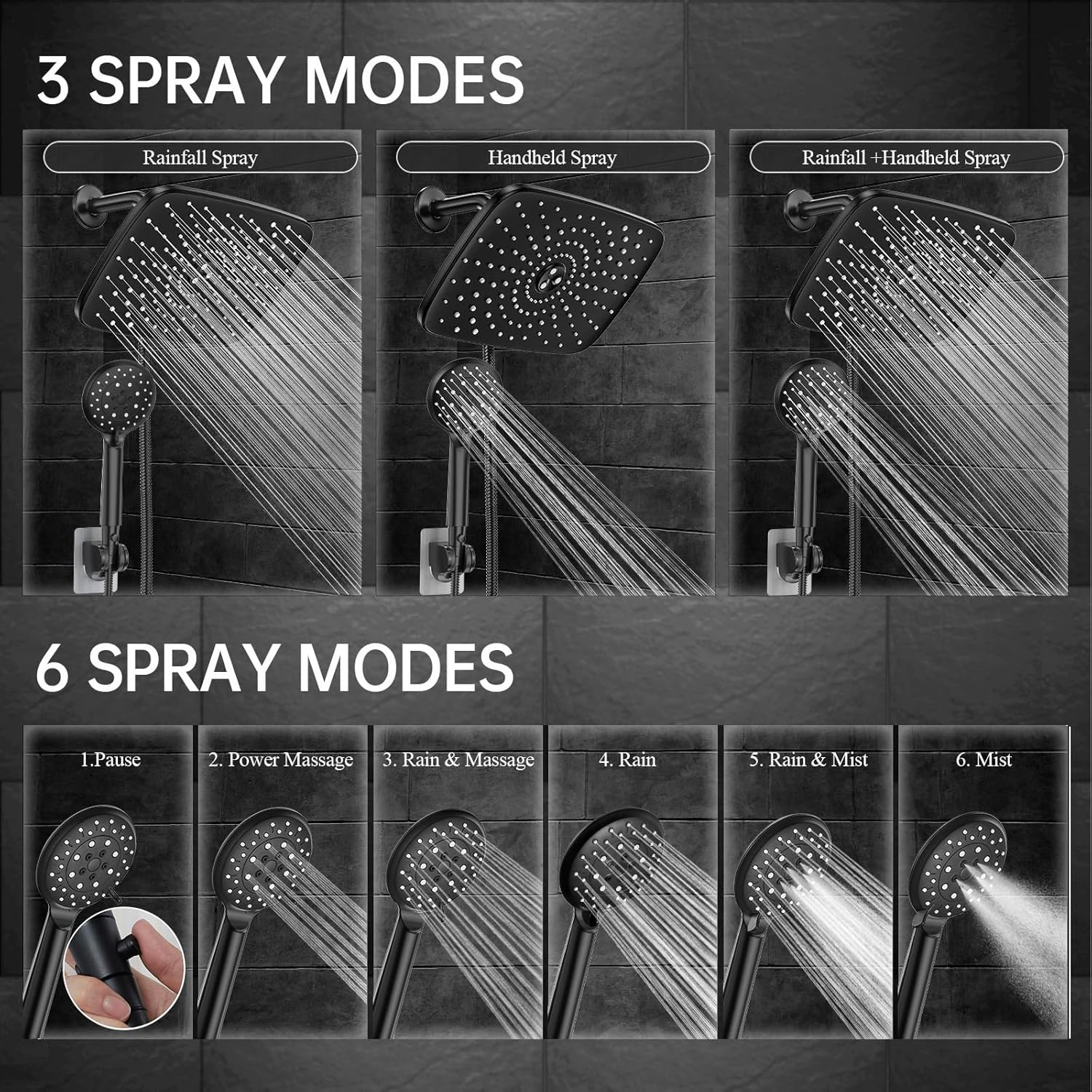 ComfortCraze: 11.8 Inch Rain Shower Head with Handheld- High Pressure Dual Shower Heads with 5 Modes Handheld Spray Combo- Wide Rainfall Showerhead with Hose, Bathroom Accessories, Matte Black
