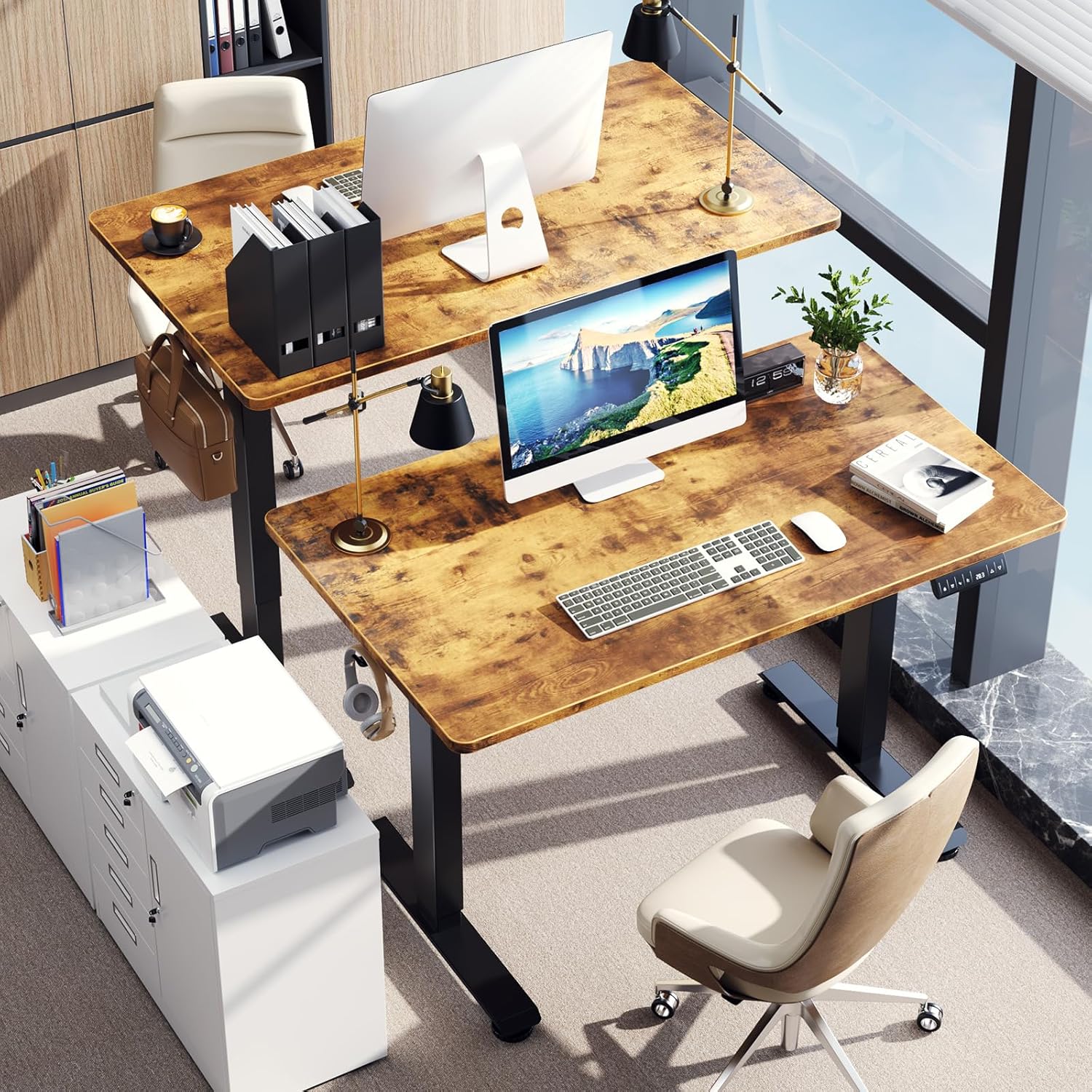 ComfortCraze:  47.2" Standing Desk Electric, Height Adjustable Sit Stand Up, Wood Desktop, Work Home Office, Computer PC Table, Writing Rising Desks, Brown