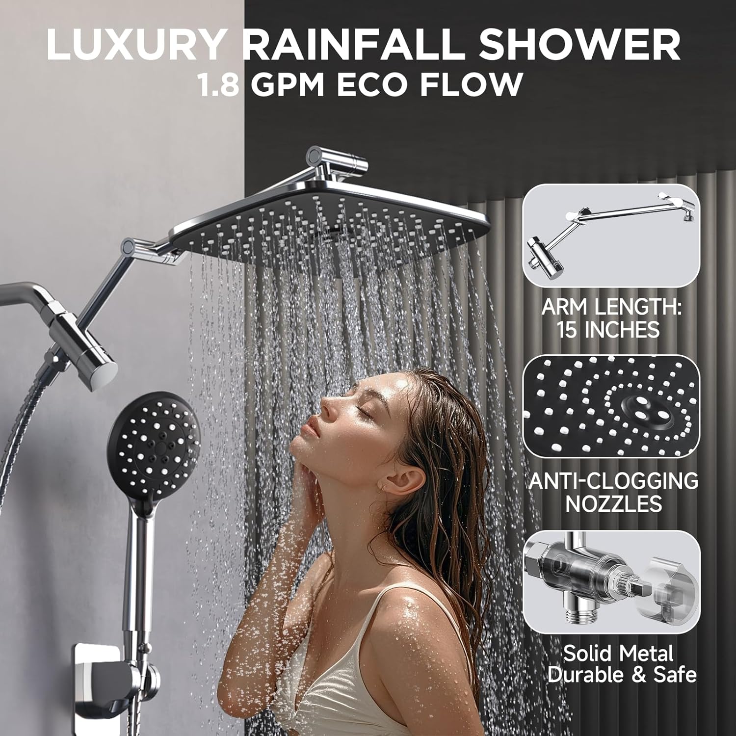 ComfortCraze: Wide Rain Shower Head with 6 Modes Handheld Water Spray，High Pressure Showerhead Combo with Arm for Bathroom Accessories，Home Decor Adjustable Dual Shower with Anti-Clog Nozzles,Silver Chrome