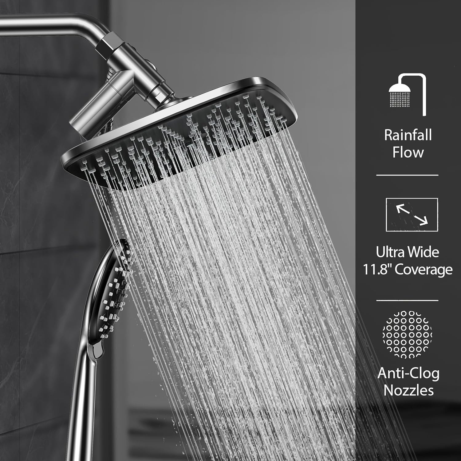 ComfortCraze: 11.8 Inch Rain Shower Head with Handheld- High Pressure Dual Shower Heads with 5 Modes Handheld Spray Combo- Wide Rainfall Showerhead with Hose, Bathroom Accessories, Matte Black