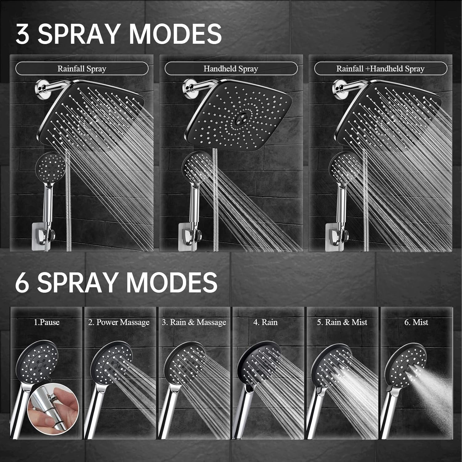 ComfortCraze: 11.8 Inch Rain Shower Head with Handheld- High Pressure Dual Shower Heads with 5 Modes Handheld Spray Combo- Wide Rainfall Showerhead with Hose, Bathroom Accessories, Matte Black