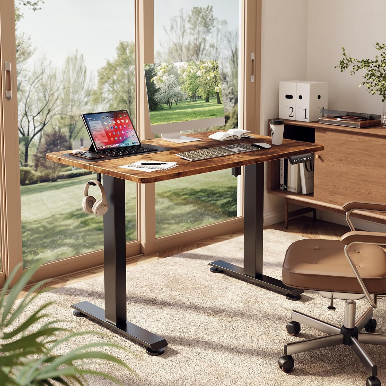 ComfortCraze:  47.2" Standing Desk Electric, Height Adjustable Sit Stand Up, Wood Desktop, Work Home Office, Computer PC Table, Writing Rising Desks, Brown