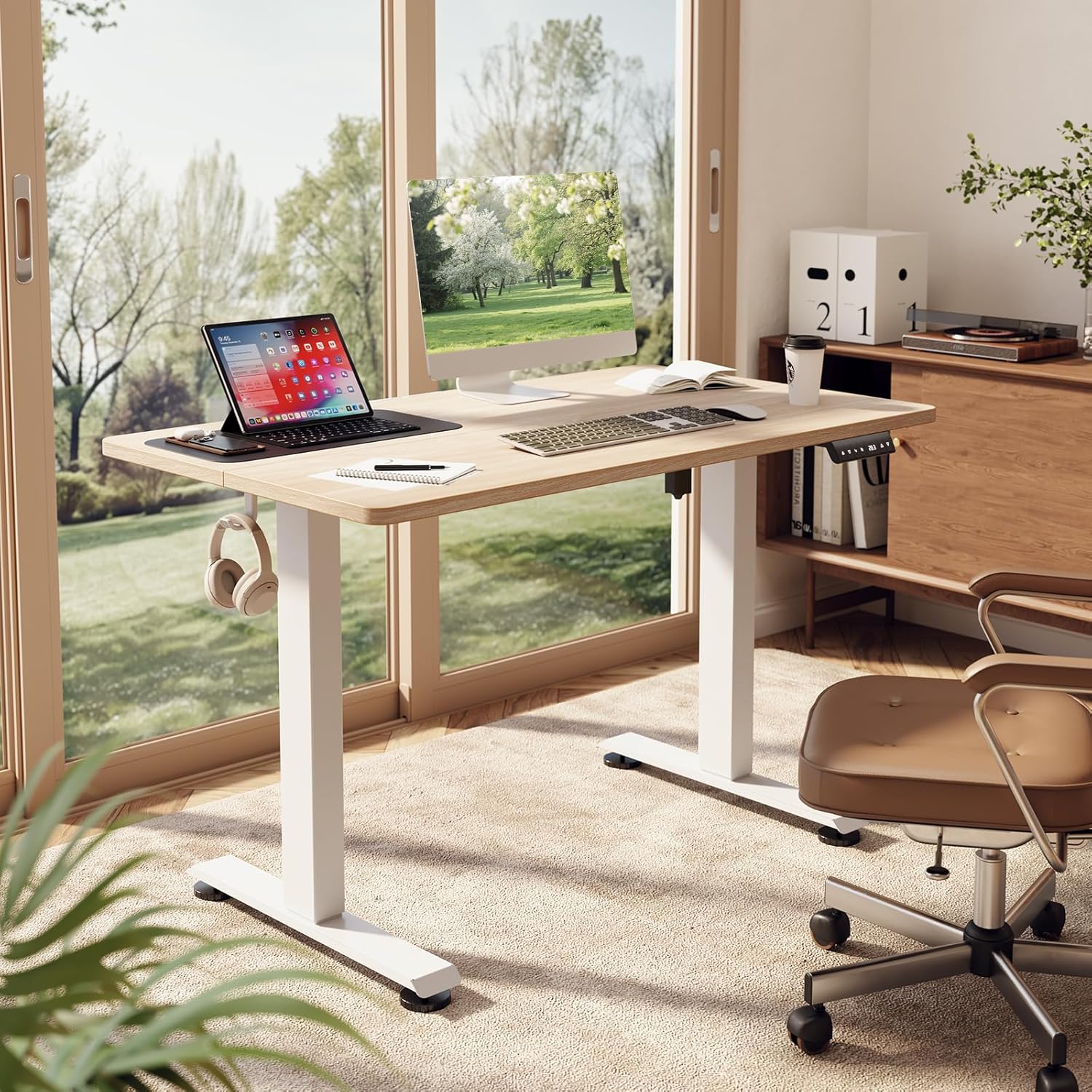 ComfortCraze:  47.2" Standing Desk Electric, Height Adjustable Sit Stand Up, Wood Desktop, Work Home Office, Computer PC Table, Writing Rising Desks, Brown