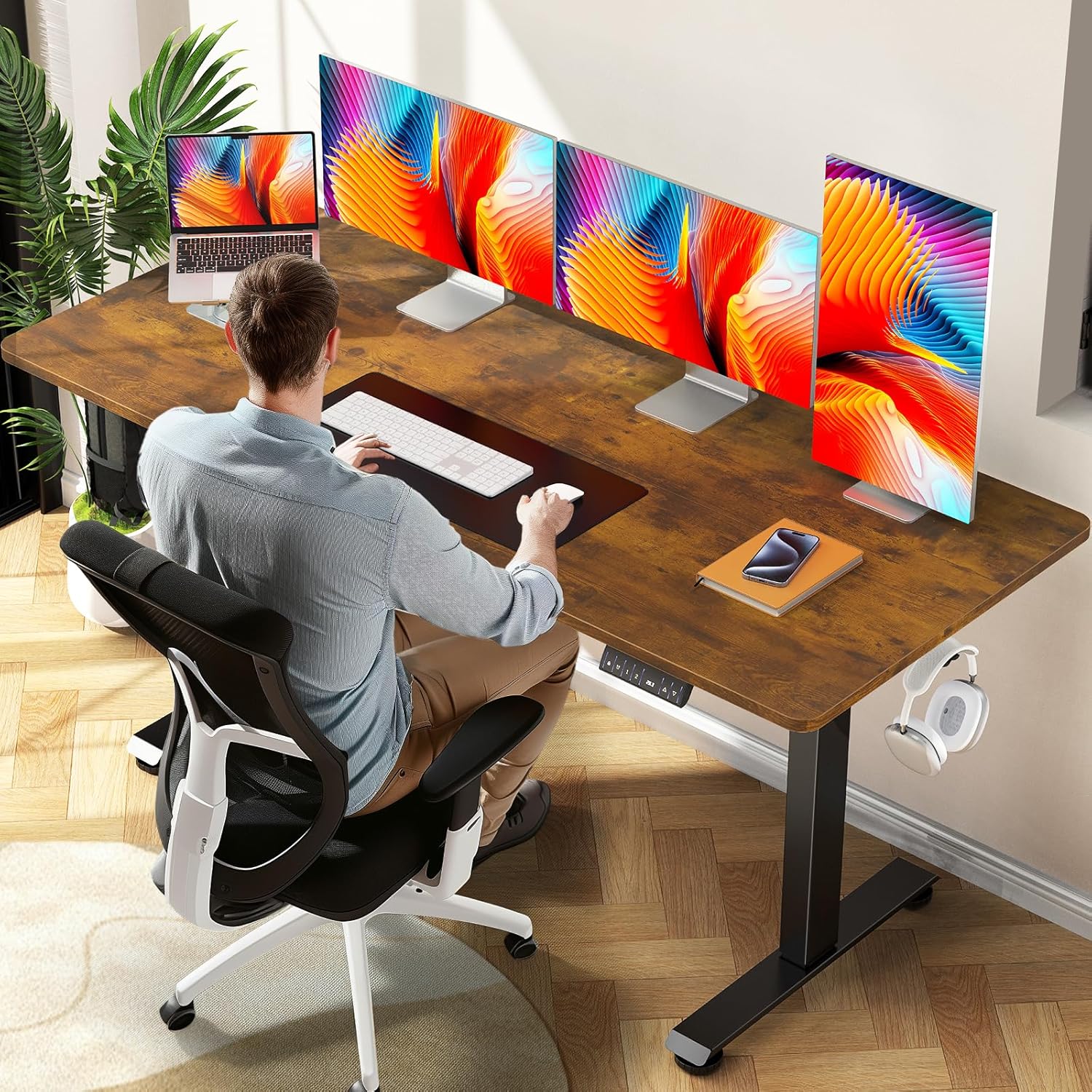 ComfortCraze:  47.2" Standing Desk Electric, Height Adjustable Sit Stand Up, Wood Desktop, Work Home Office, Computer PC Table, Writing Rising Desks, Brown