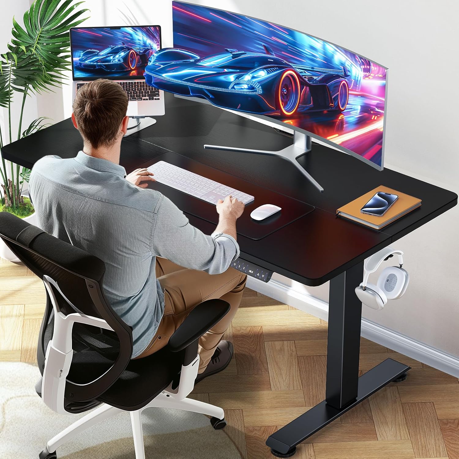 ComfortCraze:  47.2" Standing Desk Electric, Height Adjustable Sit Stand Up, Wood Desktop, Work Home Office, Computer PC Table, Writing Rising Desks, Brown
