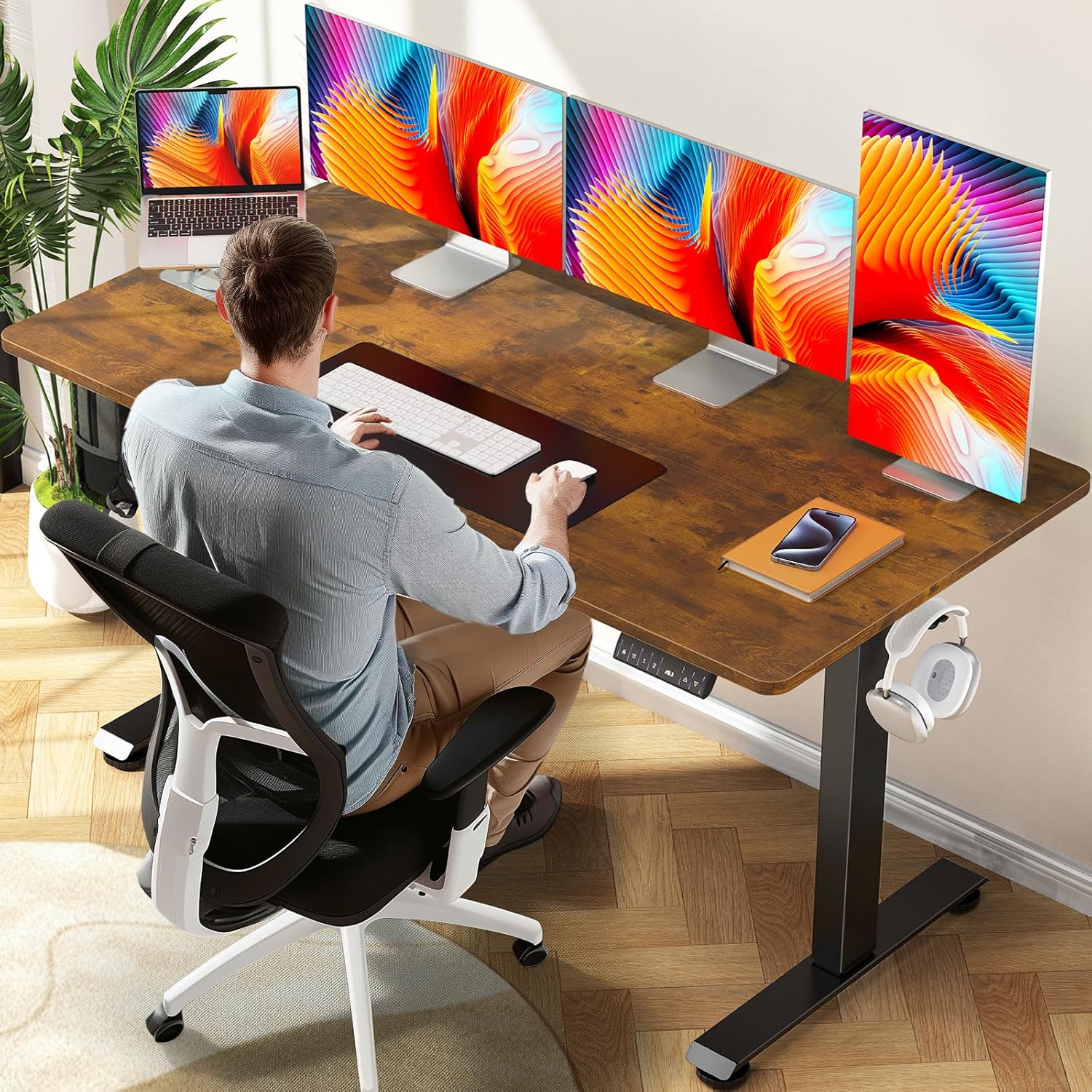 ComfortCraze:  47.2" Standing Desk Electric, Height Adjustable Sit Stand Up, Wood Desktop, Work Home Office, Computer PC Table, Writing Rising Desks, Brown