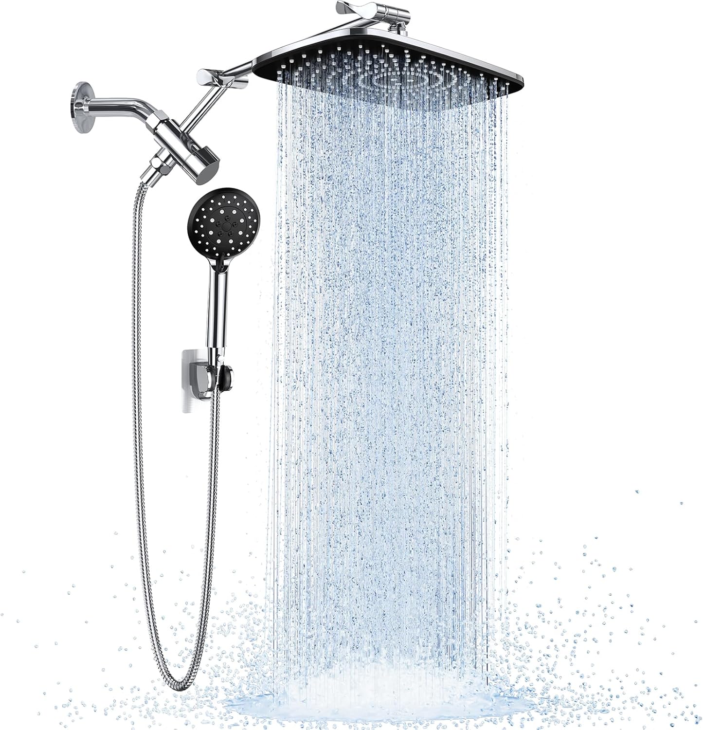 ComfortCraze: Wide Rain Shower Head with 6 Modes Handheld Water Spray，High Pressure Showerhead Combo with Arm for Bathroom Accessories，Home Decor Adjustable Dual Shower with Anti-Clog Nozzles,Silver Chrome