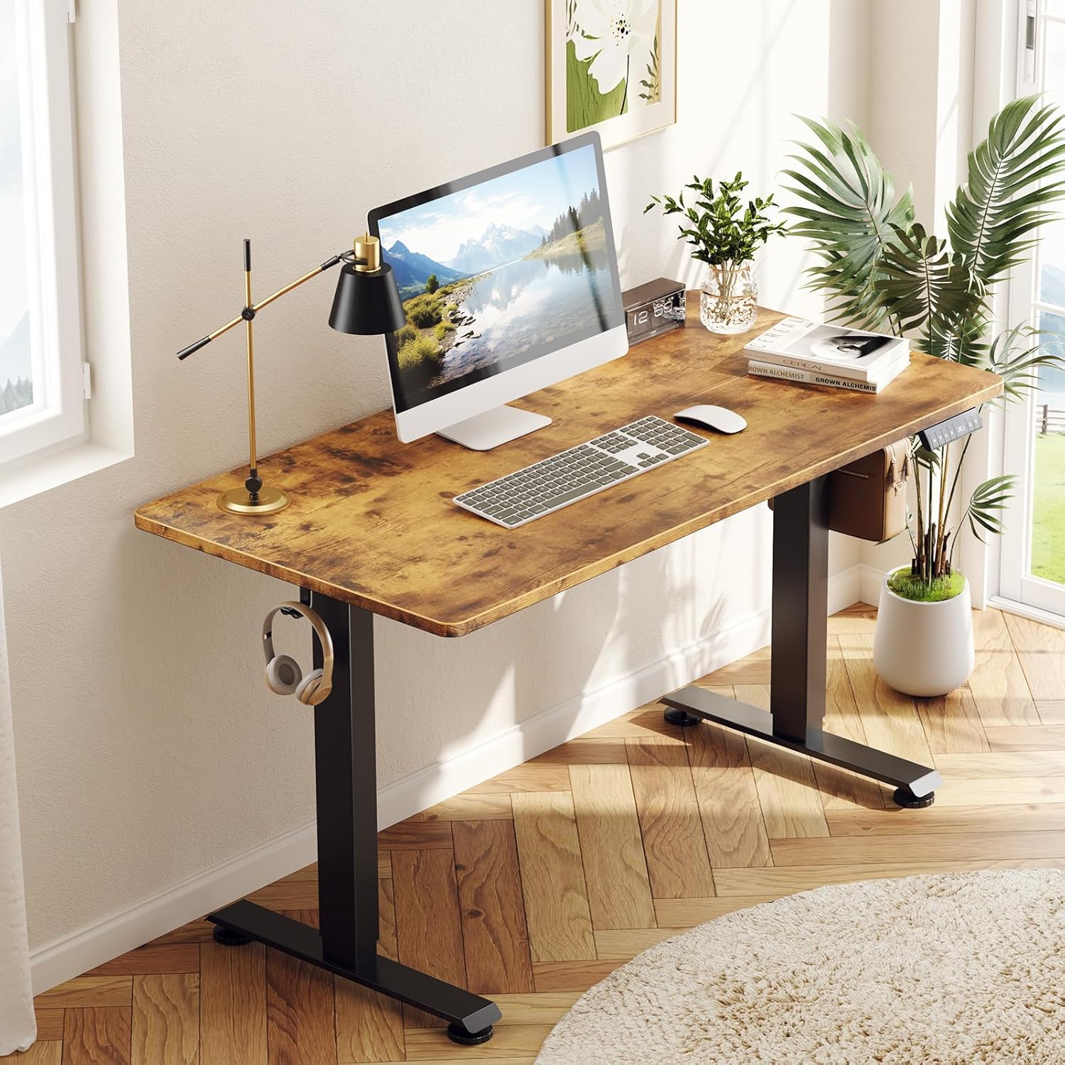 ComfortCraze:  47.2" Standing Desk Electric, Height Adjustable Sit Stand Up, Wood Desktop, Work Home Office, Computer PC Table, Writing Rising Desks, Brown