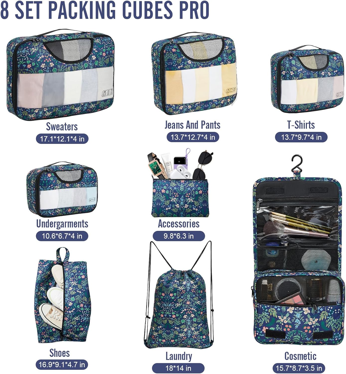 ComfortCraze:  8 Set Packing Cubes for Travel Essentials, Suitcase Organizer Bags Set for Luggage, Road Trip Travel Accessories in 4 Sizes (Extra Large, Large, Medium, Small)